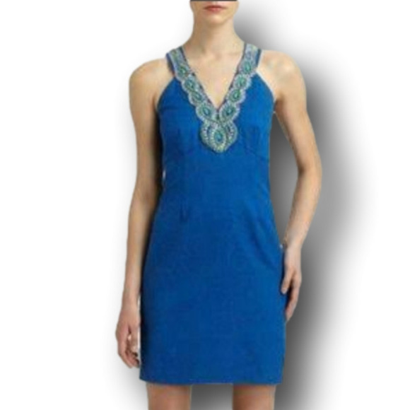 Laundry by Shelli Segal Blue Jacquard Embellished Halter Racer Back Dres… - Picture 2 of 15